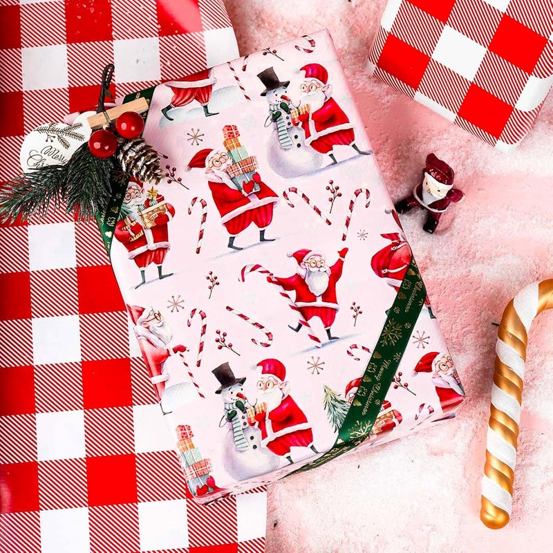 Retrify Santa Claus Christmas Wrapping Paper - Cute Snowman Candy Cane Plaid Pattern Girly Pink Gift Wrap Paper for Holiday Shower Party Celebration - 17 Inch x 32.8 Feet Mini Roll - Image 4